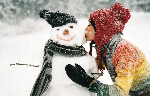 Picture winter, girl, snow, kiss, snowman