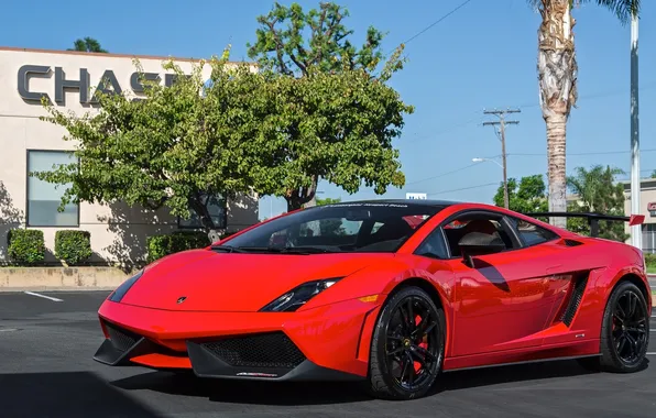 Trees, red, posts, the building, Lamborghini, red, Gallardo, front view