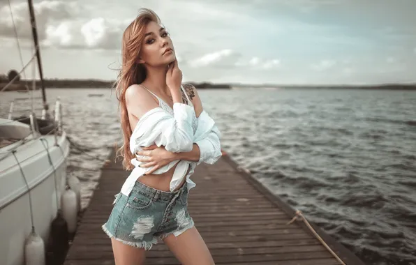 Water, girl, shorts, pier, blonde, tattoo, blouse, shoulders