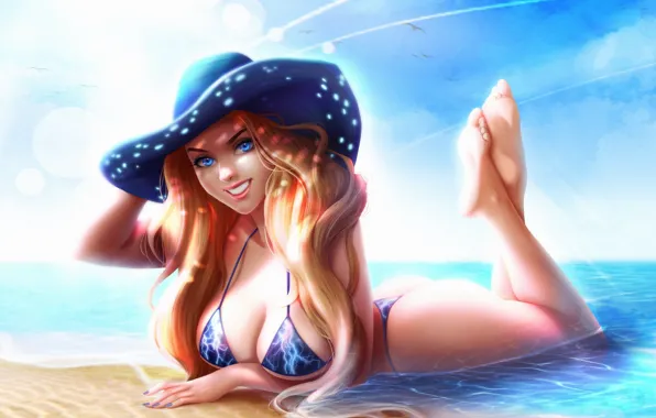 Picture beach, girl, smile, hat