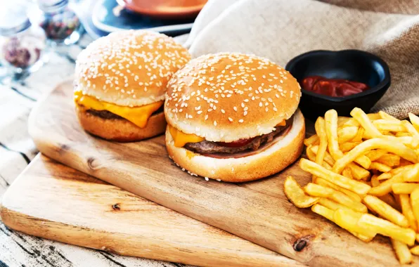 Food, ketchup, sesame, buns, French fries, cutting Board