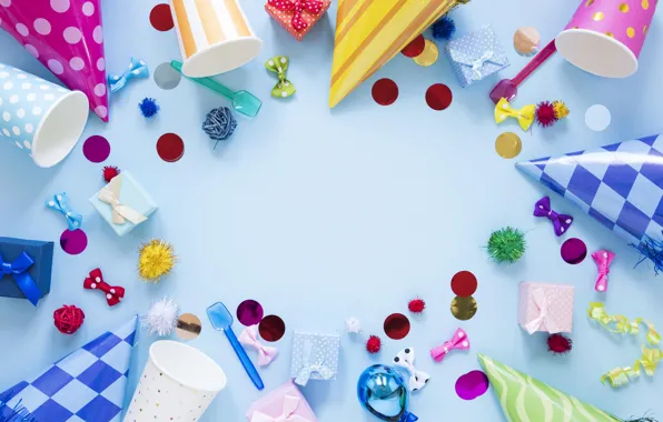 Holiday, gifts, glasses, bows, colorful, items, a lot, blue background