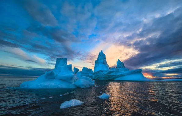Cold, ice, sea, the sky, water, clouds, sunset, blue