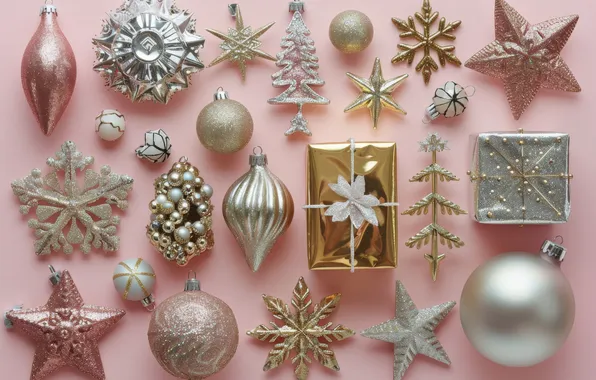 Stars, balls, snowflakes, Christmas, gifts, New year, gold plated, bows