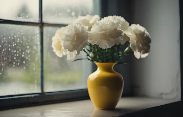 Flowers, bouquet, window, vase, carnation, AI art, neural network