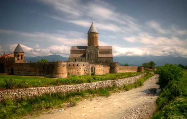 Picture river, Church, Cathedral, Georgia, the monastery, Alaverdi Cathedral, Kakhetia, The Alaverdi Monastery