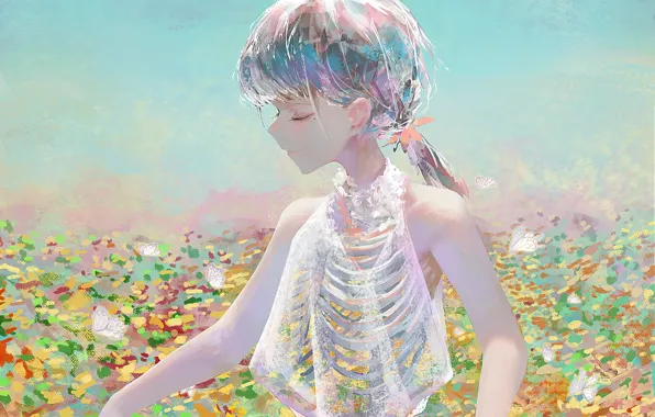 Girl, flowers, meadow, skeleton, ribs