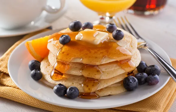 Breakfast, blueberries, juice, honey, pancakes