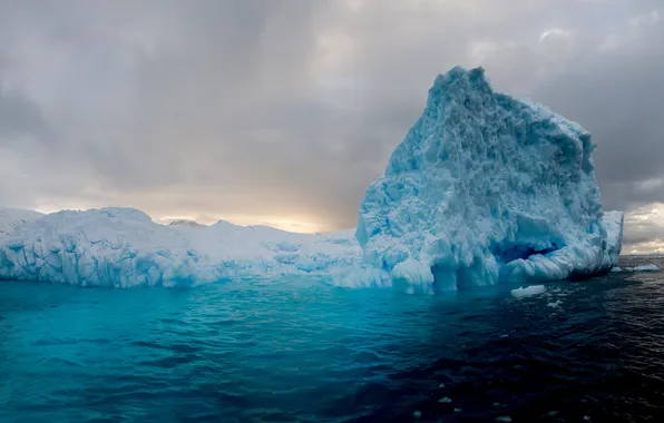 Winter, clouds, snow, mountains, shore, ice, glacier, iceberg