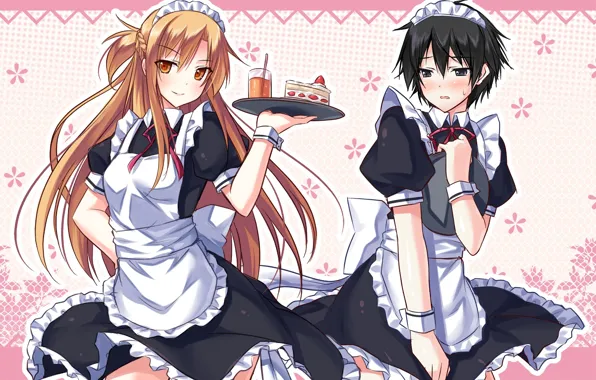 Anime, art, Sword Art Online, sword art online, Asuna, Kirito, maids