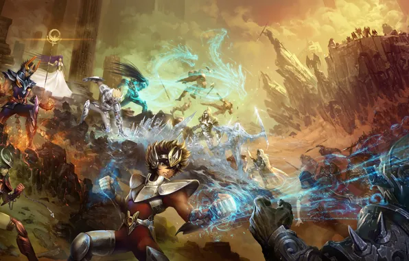 Rocks, magic, armor, anime, art, battle, heroes, warriors