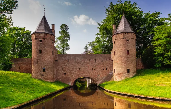 The sky, grass, trees, castle, wall, tower, channel, arch