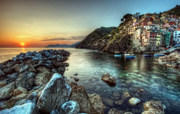 Picture sea, landscape, sunset, coast, building, boats, Italy, Riomaggiore