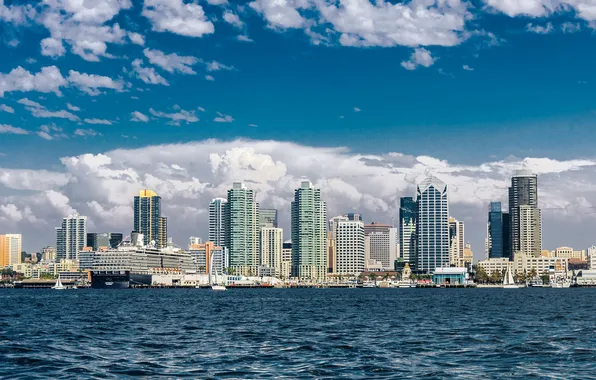 The sky, the ocean, ship, skyscrapers, CA, USA, USA, sky