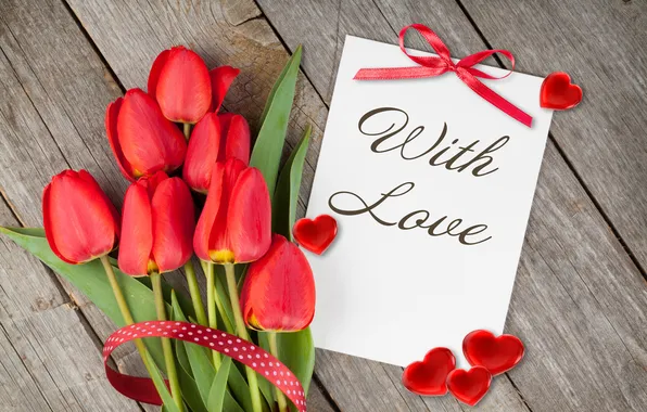 Love, bouquet, hearts, tulips, red, flowers, romantic, hearts