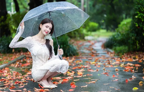 Leaves, Asian, Dress, Umbrella, Brunette, Sitting