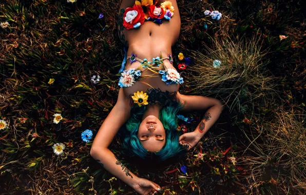Girl, flowers, pose, model, naked, body, makeup, figure