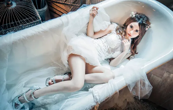 White, look, girl, pose, style, feet, dress, shoes