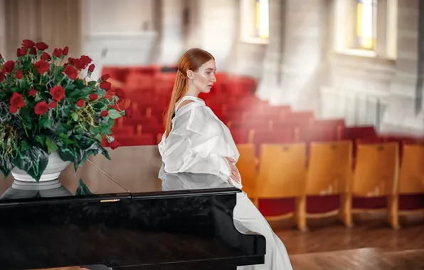 Girl, flowers, pose, roses, piano, hall, Anastasia Barmina