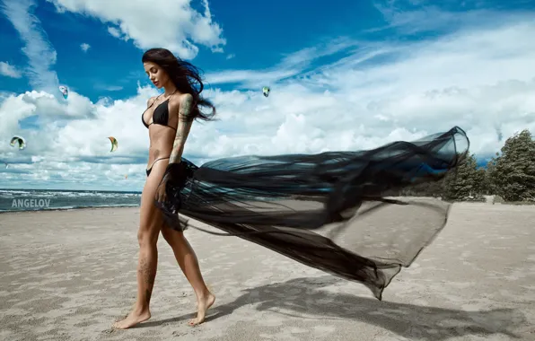 Sand, sea, beach, the sky, girl, model, figure, tattoo