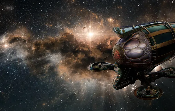 Space, stars, flight, fiction, planet, galaxy, the airship, panorama