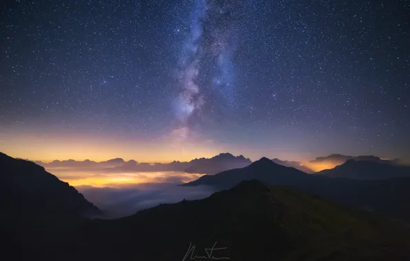 The sky, stars, light, mountains, night, fog, the milky way