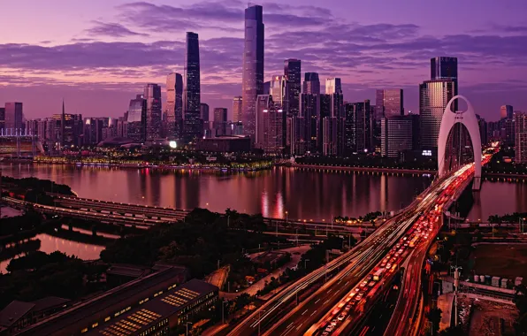 City, lights, China, twilight, river, sky, cars, bridge