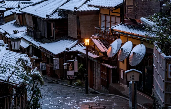 Picture winter, the city, street, home, Japan, Kyoto