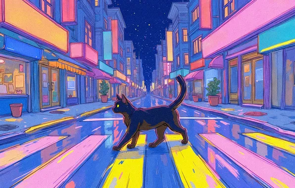 Road, cat, cat, night, the city, lights, pose, strip