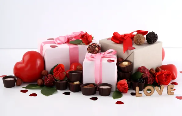 Love, romance, heart, chocolate, gifts, hearts, red, love