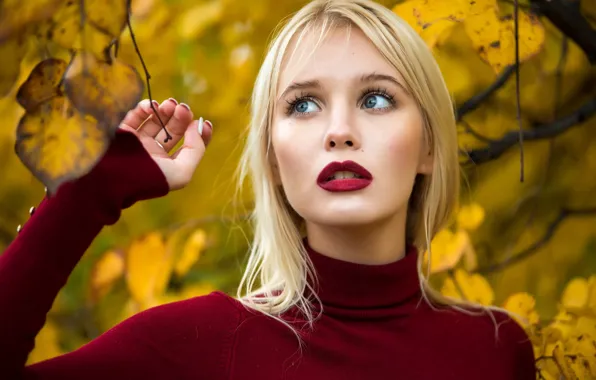 Autumn, leaves, branches, model, hand, portrait, makeup, hairstyle