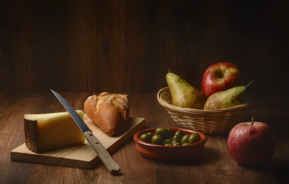 Table, apples, cheese, bread, knife, bowl, fruit, still life