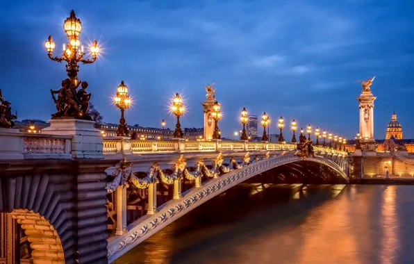 Picture light, the city, river, France, Paris, the evening, lighting, lights