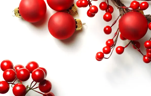 Balls, berries, balls, toys, branch, New Year, Christmas, red