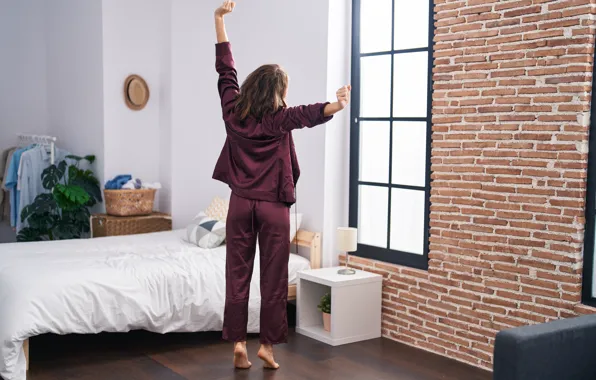 Woman, young, bedroom, standing, arms, stretching