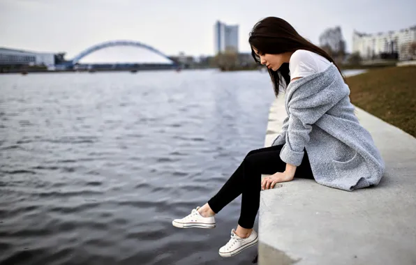 Girl, river, long hair, photo, photographer, model, mood, loneliness