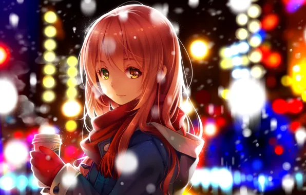 Winter, girl, night, the city, lights, anime, cappuccino, art