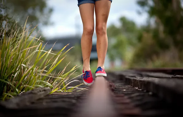 Girl, feet, railroad