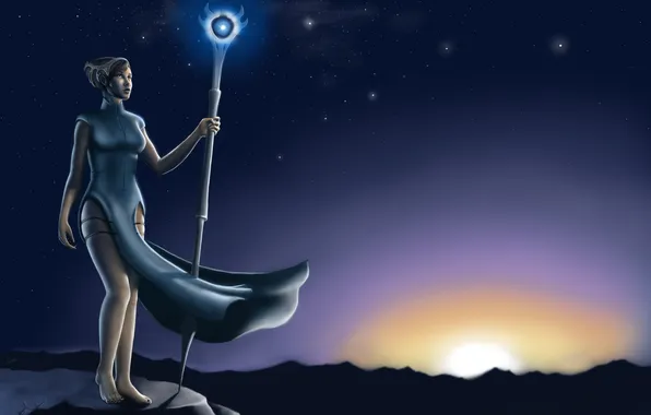 Girl, stars, sunrise, stones, magic, staff, sorceress