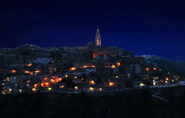 City, lights, night, italy, The Sassi of Matera