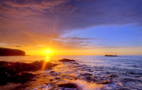 Beach, the sun, rays, light, sunset, stones, shore, the evening