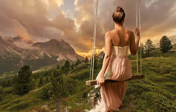 Picture summer, girl, landscape, mountains, nature, swing, mood, back