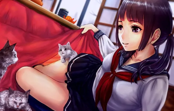Girl, kittens, tablecloth