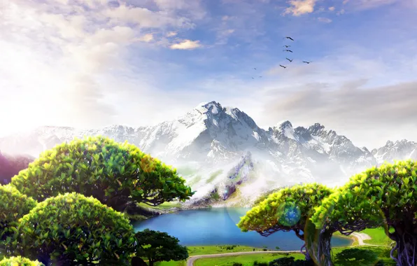 Clouds, trees, birds, lake, Mountains