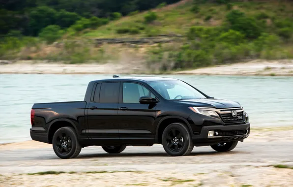 Black, Honda, pickup, on the shore, Black Edition, Ridgeline, 2019
