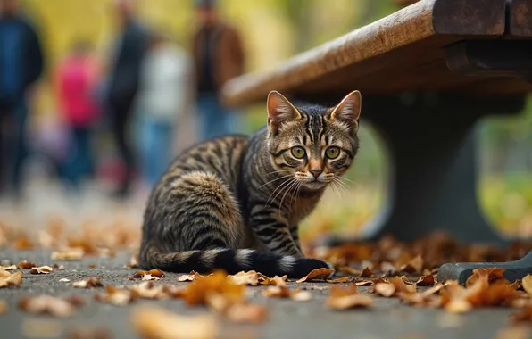 Road, autumn, cat, look, bench, pose, Park, kitty