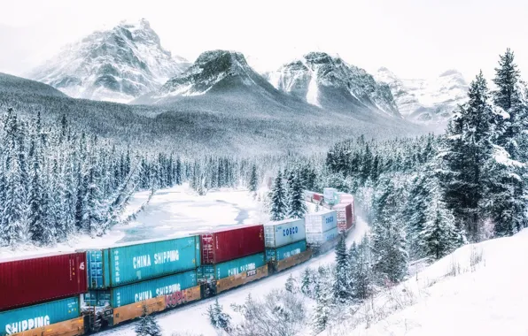 Winter, forest, snow, mountains, train, Canada