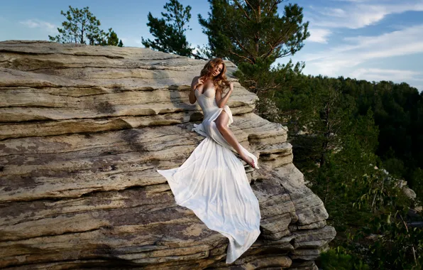 Picture girl, pose, rocks, dress, legs, Konstantin Podkovyrov