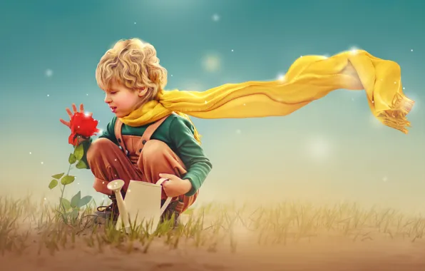 Flowers, children, roses, boy, scarf, lake, the little Prince, photoart