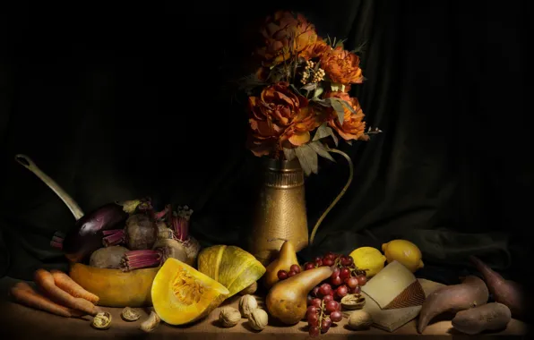 Picture flowers, carrot, grapes, pumpkin, pitcher, still life, vegetables, beets